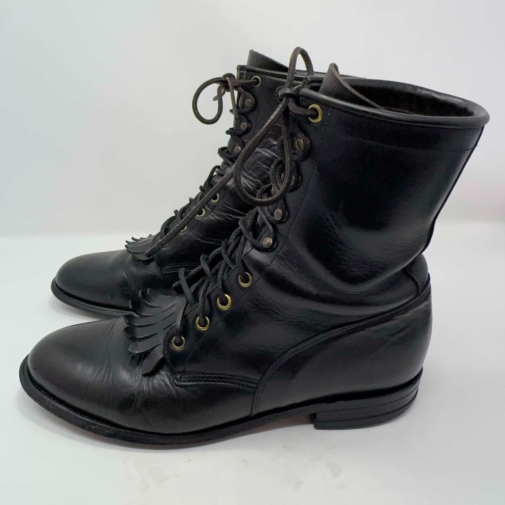 VTG Justin Boots 7" Lacer Western Boots Men's 10.5 Black Leather Kiltie Cowboy